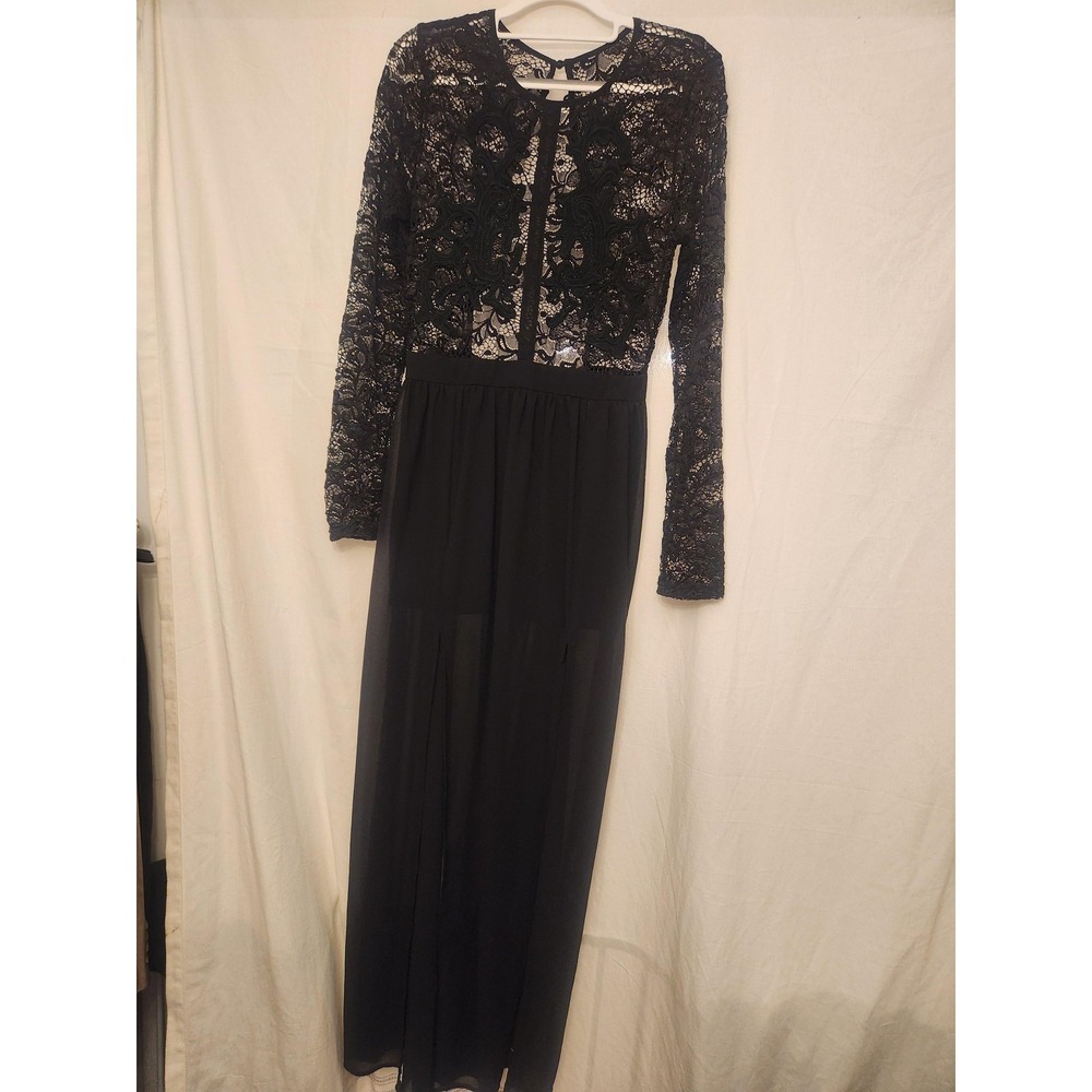 Black Lace Maxi‎ Dress Womens Large Long Sleeve Sheer Chiffon Overlay Formal